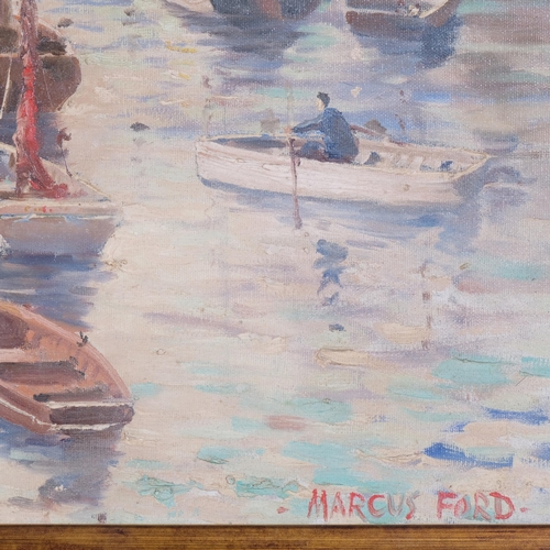 325 - Marcus Ford (1914 - 1989), oil on canvas, harbour village boat scene, signed bottom right, in period... 