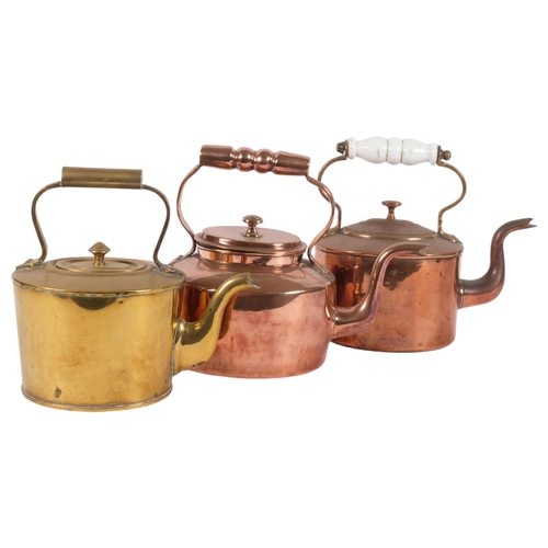 615 - 2 Victorian oval copper kettles, and a similar brass one, H19cm