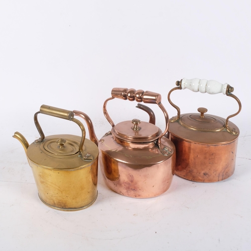 615 - 2 Victorian oval copper kettles, and a similar brass one, H19cm