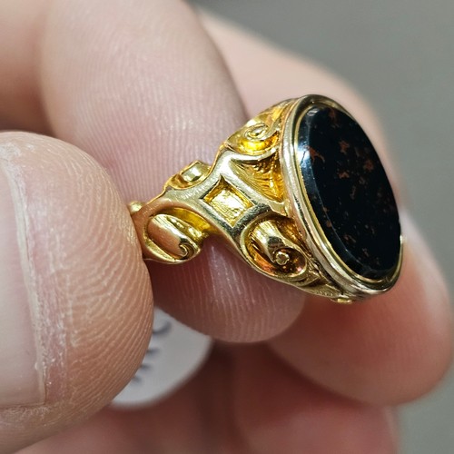 1214 - An Antique 19th century 18ct gold bloodstone signet ring, maker V&S, Birmingham 1858, set with oval ... 