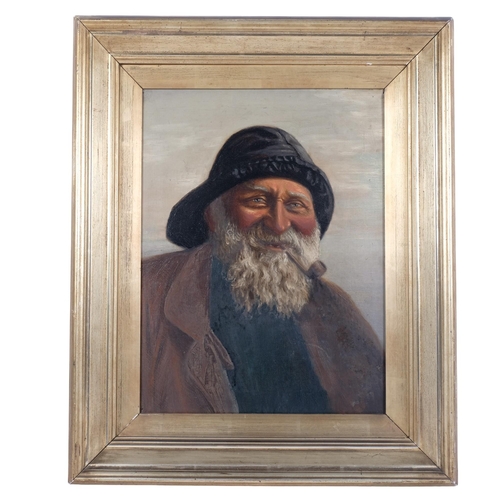 664 - An oil on canvas, portrait of an elderly gentleman smoking a pipe, in giltwood overpainted frame, un... 