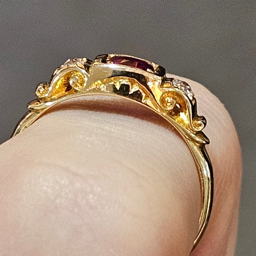 1448 - An Antique 18ct gold three stone ruby and diamond half hoop ring, indistinct maker, Chester 1898, se... 