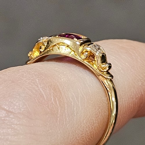 1448 - An Antique 18ct gold three stone ruby and diamond half hoop ring, indistinct maker, Chester 1898, se... 