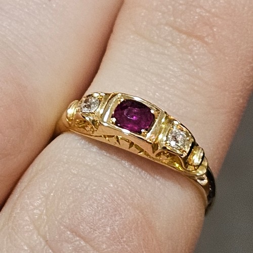 1448 - An Antique 18ct gold three stone ruby and diamond half hoop ring, indistinct maker, Chester 1898, se... 