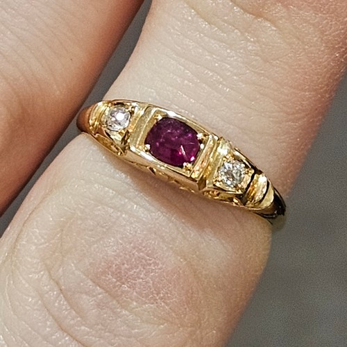 1448 - An Antique 18ct gold three stone ruby and diamond half hoop ring, indistinct maker, Chester 1898, se... 