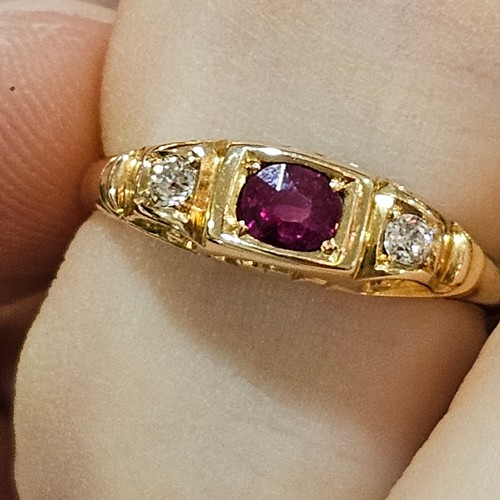 1448 - An Antique 18ct gold three stone ruby and diamond half hoop ring, indistinct maker, Chester 1898, se... 