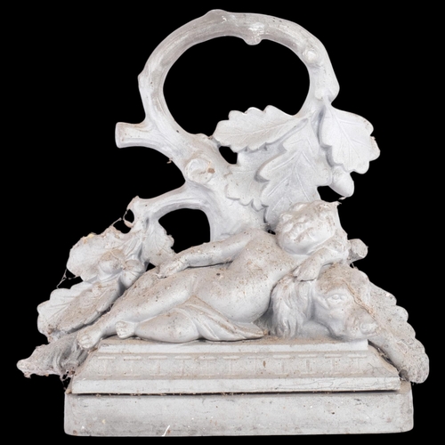 1 - A Victorian Coalbrookdale cast-iron door stop, depicting a reclining cherub and hound, later painted... 