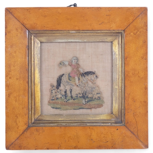 12 - A Georgian needlework, depicting a young girl on horseback, maple-framed, image 10.5cm x 10.5cm, 21c... 