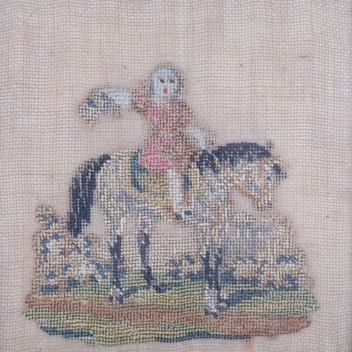 12 - A Georgian needlework, depicting a young girl on horseback, maple-framed, image 10.5cm x 10.5cm, 21c... 