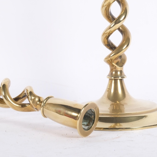 20 - A pair of brass open barley twist column candlesticks, H30cm