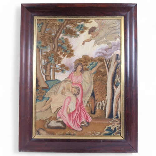 57 - A 19th century needlework depicting 3 figures, rosewood-framed, 81cm x 64cm