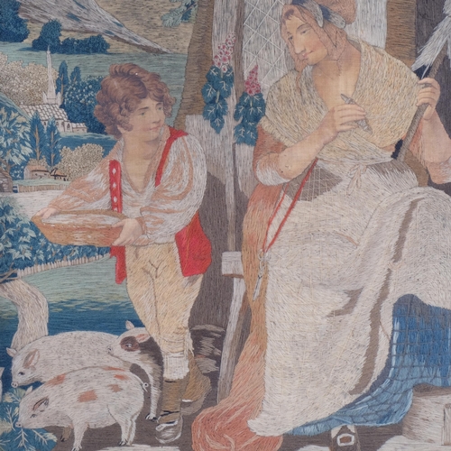 58 - A 19th century needlework depicting mother and child in a farmyard setting, oak-framed, 67cm x 51cm ... 