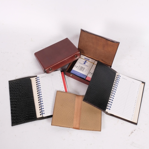 67 - 2 leather-cased travelling playing card cases, 2 leather address book covers, and another (5), all f... 