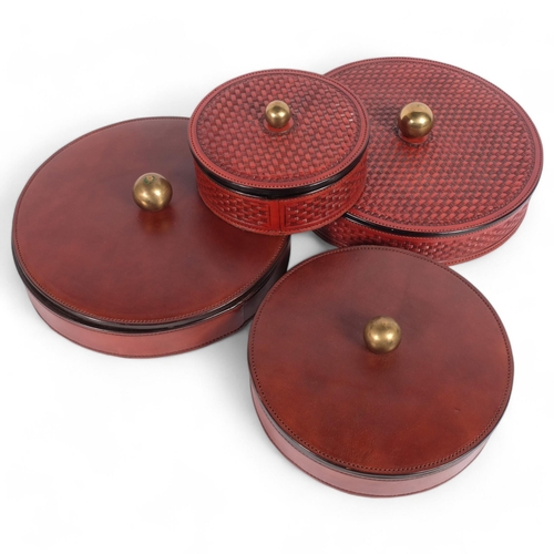 71 - 2 pairs of leather circular boxes and covers, 1 pair being of a woven wicker design, diameter 27cm, ... 