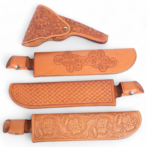 72 - A group of 3 tooled tanned leather machete scabbards, overall length 49cm, together with a tan toole... 