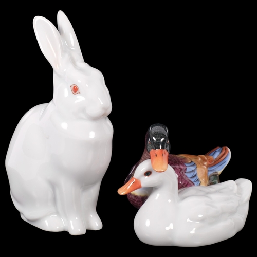 125 - Herend, a white glazed ceramic rabbit, H13.5cm, and a duck group (2)