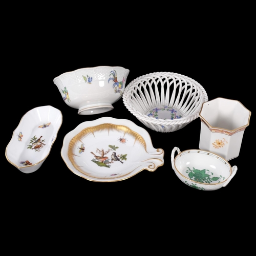 126 - A group of Herend ceramics, including an open basketweave bowl, small 2-handled trug, pin tray, oyst... 