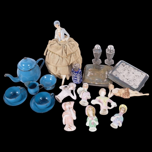 127 - A collection of ceramic half dolls, a Vintage child's enamel tea set, 2 cigarette cases, a silver-to... 