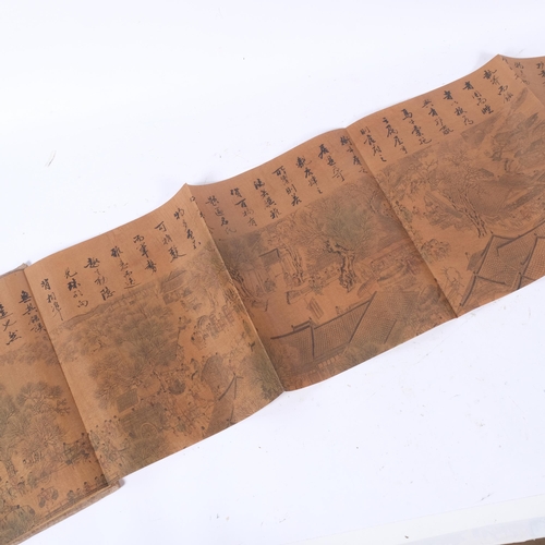 130 - A large Chinese silk scroll, depicting village scenes, hardbound, overall length 440cm