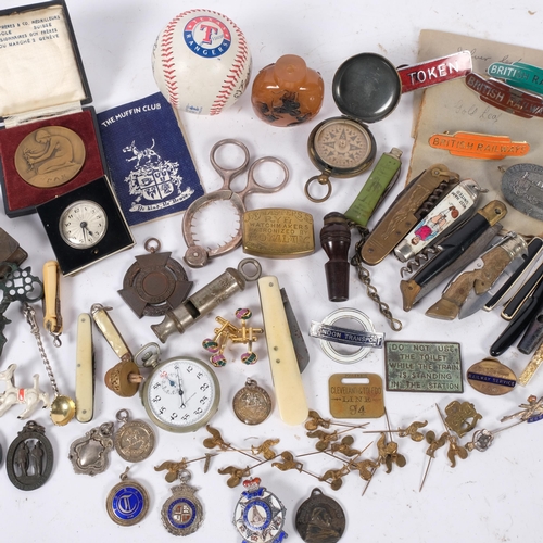 147 - A tray of various items, including a Texas Rangers baseball, pocket knives, brass Vesta case, stamp ... 