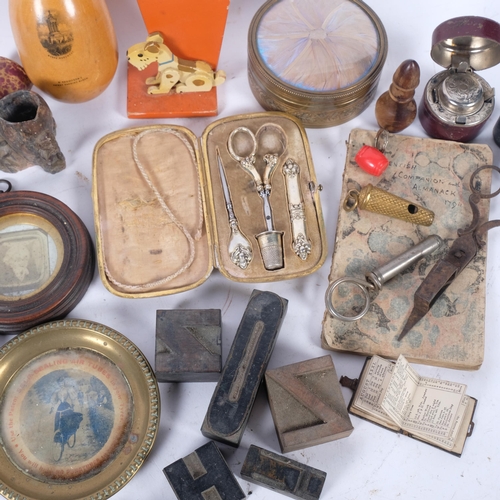 155 - A box of various items, including a brass-cased etui with floral panels, bone-handled knife, cylindr... 