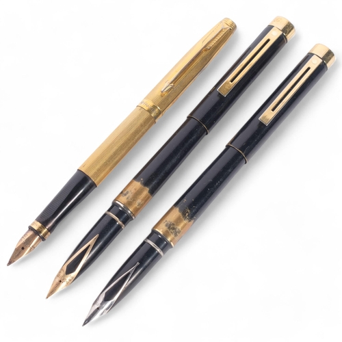 156 - A Sheaffer fountain pen with 14ct nib, a Sheaffer fountain pen with steel nib, and a Parker gold pla... 