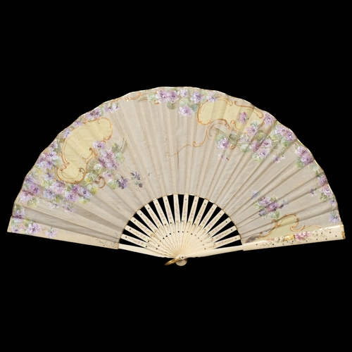 163 - A Chinese bone fan with hand painted floral silk panel, signed, in fitted box