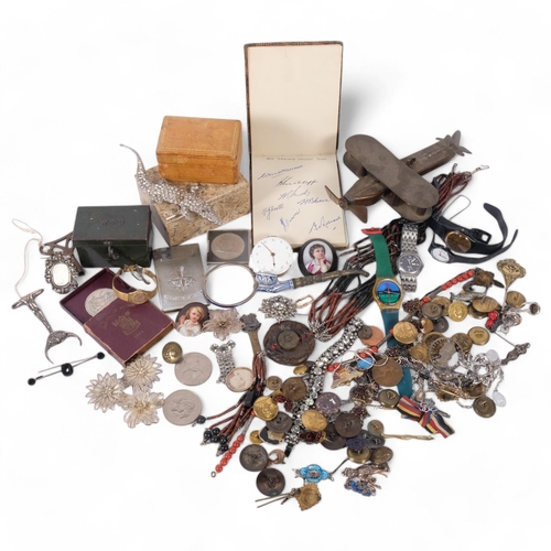 169 - A collection of various interesting items, including jewellery, an 18th century verge pocket watch, ... 