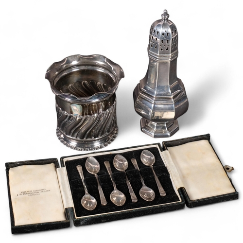 171 - A cased set of 6 silver coffee spoons, a RHV & Company silver plated sugar sifter, and a silver plat... 