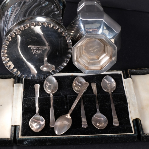 171 - A cased set of 6 silver coffee spoons, a RHV & Company silver plated sugar sifter, and a silver plat... 