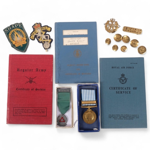 172 - 3 various Service Books for the Army, Merchant Navy, and RAF, various badges, metal and cloth, all r... 