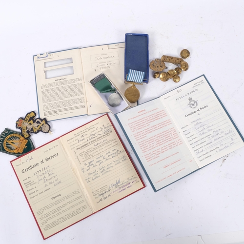 172 - 3 various Service Books for the Army, Merchant Navy, and RAF, various badges, metal and cloth, all r... 