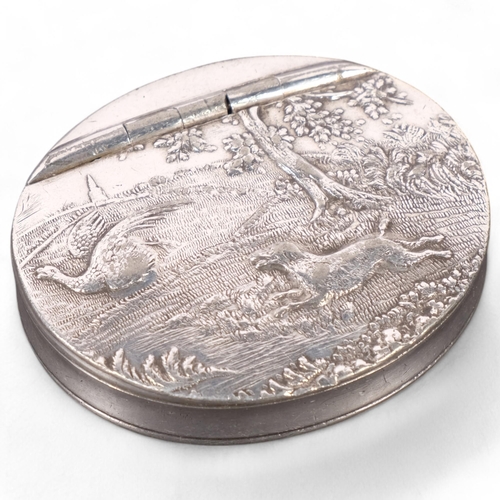 176 - James Dixon & Sons Sheffield, a Cornish pewter snuffbox, with embossed hunting scene decoration, dia... 