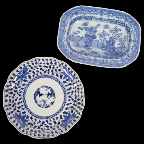 195 - A small Chinese blue and white porcelain rectangular plate, length 19cm, and a circular blue and whi... 