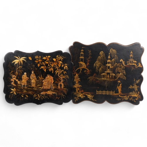 198 - 2 x 19th century chinoiserie papier mache screens, length 40cm and 38cm