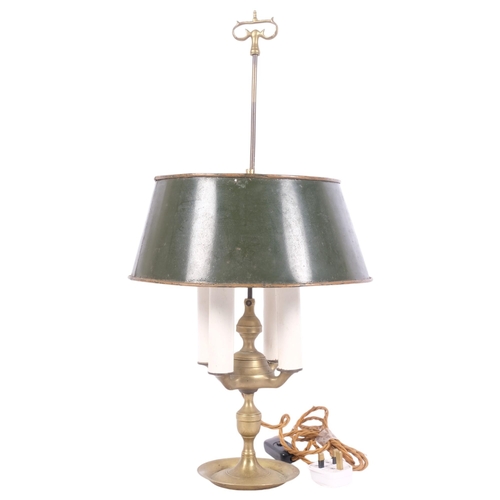 208 - A brass 4-branch table lamp with adjustable Tole Ware  shade