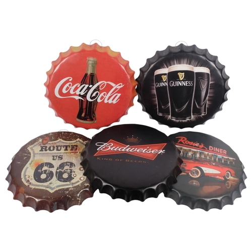 221 - 5 various reproduction bottle top advertising signs, including Guinness, Coca-Cola, Budweiser, etc