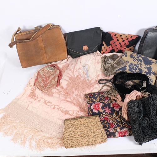 227 - Various lady's snakeskin handbags, beadwork bag, etc