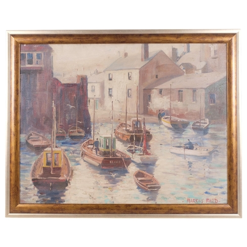 325 - Marcus Ford (1914 - 1989), oil on canvas, harbour village boat scene, signed bottom right, in period... 