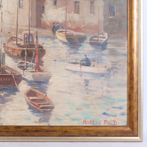 325 - Marcus Ford (1914 - 1989), oil on canvas, harbour village boat scene, signed bottom right, in period... 