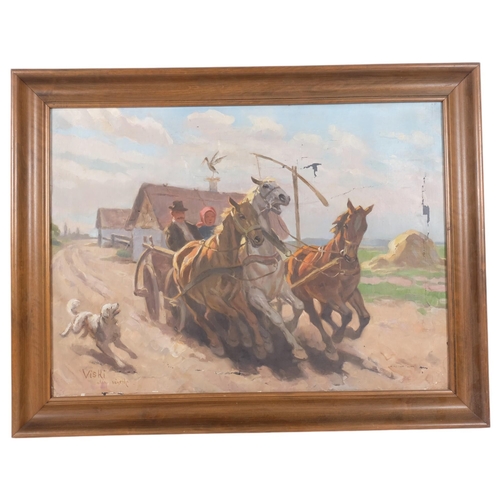 328 - Janos Viski - oil on canvas, farmyard scene, galloping horses pulling wooden carriage, signed bottom... 