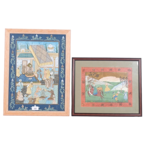 335 - 2 Mongolian gouache prints, 1 depicting temple scene, the second a tiger hunt, both framed and glaze... 