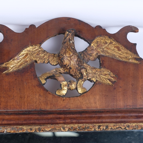 338 - An ornate Antique Georgian mahogany mirror, with gilt phoenix surmount, 80cm x 44cm