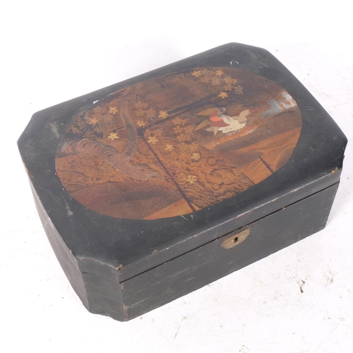 387 - Vintage bamboo Mahjong set, in lacquered box with bird and foliated decoration, 28cm across