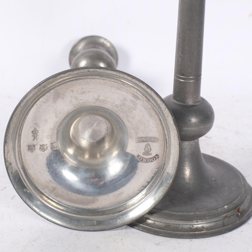 391 - A pair of Vintage pewter candlesticks, with touch marks and stamped London to base, 23.5cm