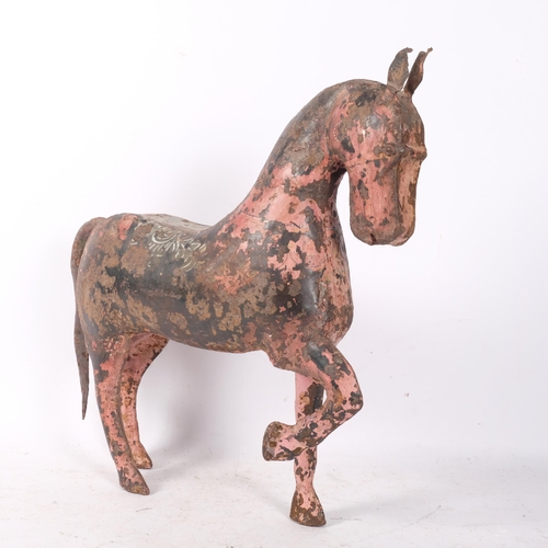 393 - Vintage Eastern painted metal sculpture of a horse, H50cm