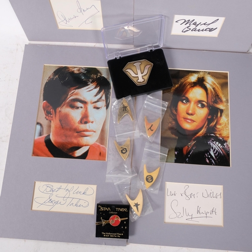 409 - Star Trek badges, signed photographs including Star Trek actors