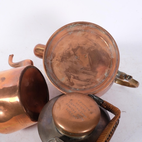 411 - Antique travelling copper picnic kettle, by Drew & Sons Piccadilly, 10.5cm diameter, and 3 small cop... 