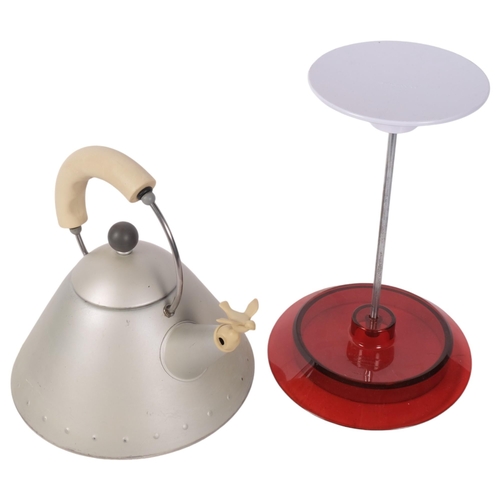 413 - An Italian Alessi kettle with bird figure, H22cm, and a Bugatti Glamour perspex stand