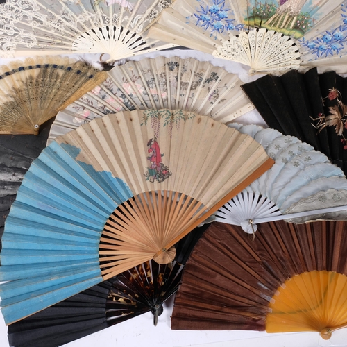 417 - A collection of 12 Antique and Vintage fans, various designs, the largest having carved black wood s... 